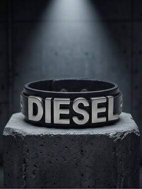 Diesel Black Leather Bracelet with Silver Logo Letters